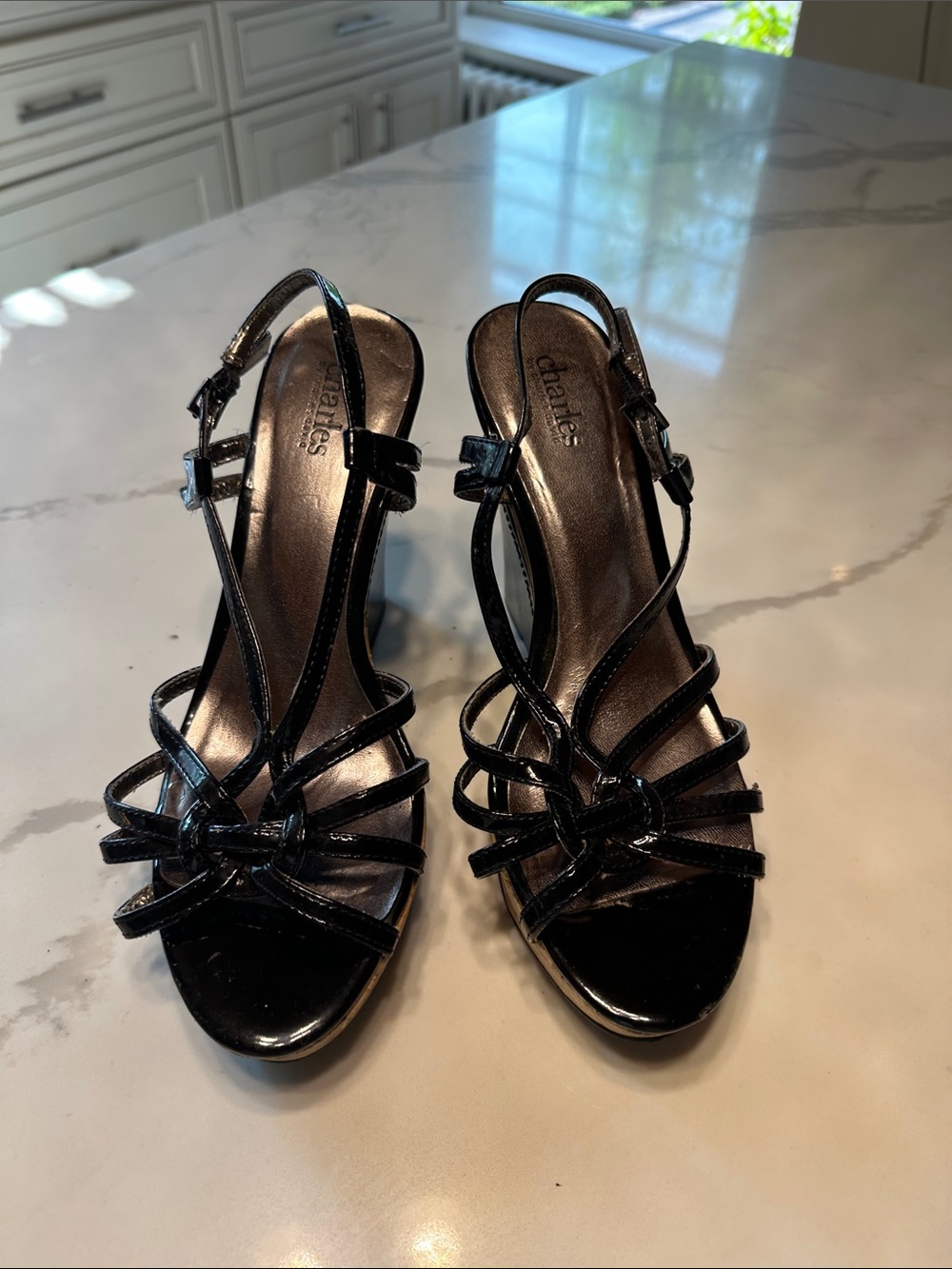 Charlies Black Patent Leather Strappy Slingback Heels